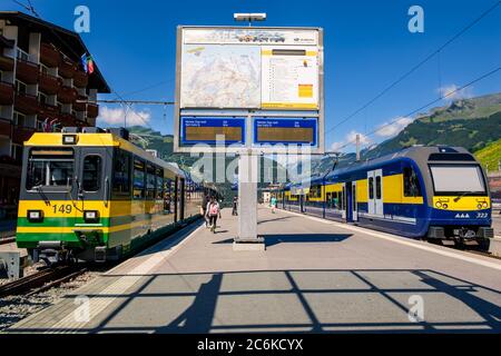 Grindelwald, Schweiz - Juli 30 2019 : Züge der Wengernalpbahn und Berner Oberland Bahn am Bahnsteig im Bahnhof an einem sonnigen Tag Stockfoto