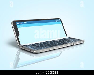 Serielles flexibles Telefon mit Dialogfeld auf dem Bildschirm 3d-Rendering auf blauem Verlauf Stockfoto