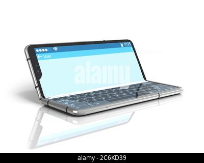 Serielles flexibles Telefon mit Dialogfeld auf dem Bildschirm 3d-Rendering auf Weiß Stockfoto