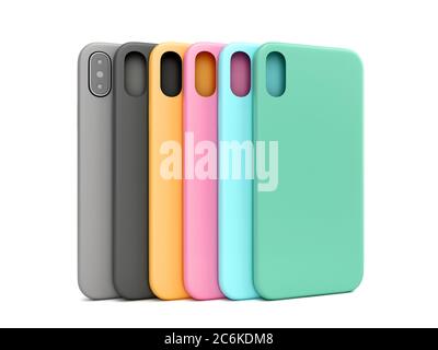 Mehrfarbige Telefontaschen Präsentation für Schaufenster 3d-Rendering auf weiß Stockfoto