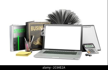 Online Business Training Konzept emty Bildschirm Laptop mit Büchern und Rechner 3d-Rendering auf weißem Hintergrund kein Schatten Stockfoto