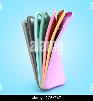 Mehrfarbige Handyhüllen Präsentation für 3D-Darstellung auf blauem Gradient Stockfoto