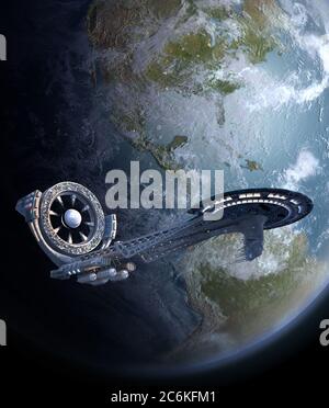 Futuristische Raumschiff 3D-Illustration mit einer Stromquelle Rad-Struktur, nahe der Erde, für Science-Fiction-Raumfahrt oder Videospiel Hintergründe.