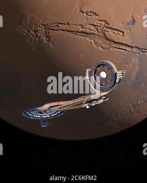 3D Illustration eines futuristischen Raumschiffs mit Deck und einem Energierad, nahe dem Mars, für Science Fiction Raumfahrt oder Videospiel Hintergrund