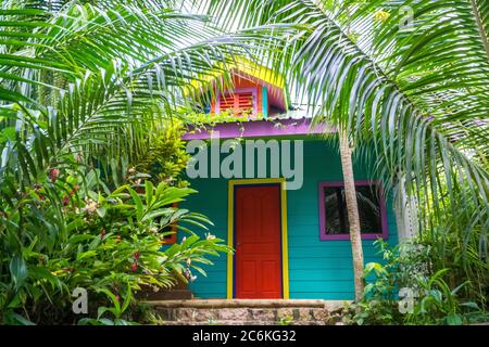 Buntes tropisches Haus in der tropischen Natur der Insel La digue, Seychellen. Stockfoto