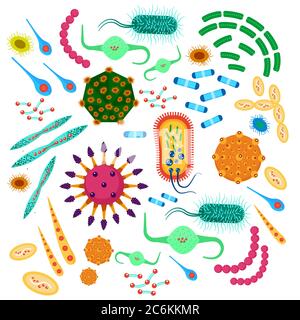 Vector Bakterien Virus Sammlung. Mikrobiologie Superbug, Mikroorganismen und Mikroben Epidemie Infektion Bacilla Keime Symbole gesetzt Stock Vektor
