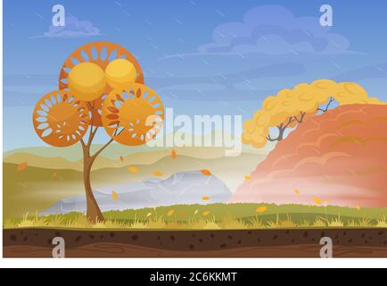 Cartoon Natur Herbst Landschaft im Sturm regen Wind kalten Tag mit Gras, Bäumen, bewölkten Himmel und Berge Hügel. Vektor Spiel Stil Illustration. Hintergrund für Spiele Stock Vektor