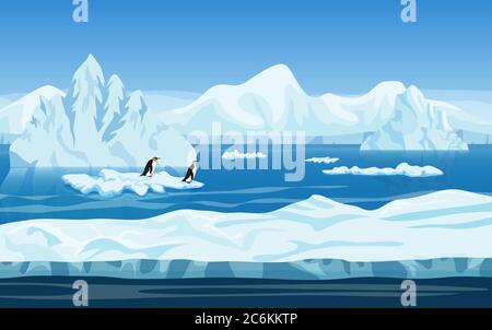 Cartoon Natur Winter arktische Eislandschaft mit Eisberg, Schnee Berge Hügel und Pinguine. Vektor Spiel Stil Illustration. Hintergrund für Spiele Stock Vektor