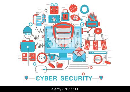 Moderne Grafik flat line Design Stil Infografiken Konzept der Cyber-Sicherheit mit Icons, für Website, Präsentation und Poster Stock Vektor