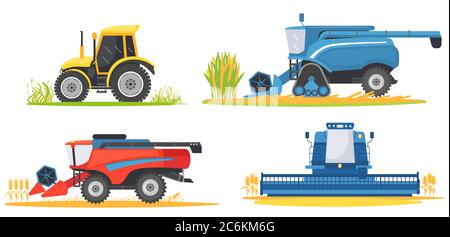 Landwirtschaftliche Maschinen und landwirtschaftliche Fahrzeuge eingestellt. Landmaschinen-Harvester, Mähdrescher und Traktor Stock Vektor