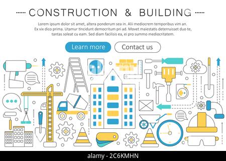 Vector elegante dünne Linie flach modernes Gebäude und Bauwerkzeuge Konzept. Layout der Banner-Elemente für die Website-Kopfzeile. Präsentation, Flyer und Poster Stock Vektor