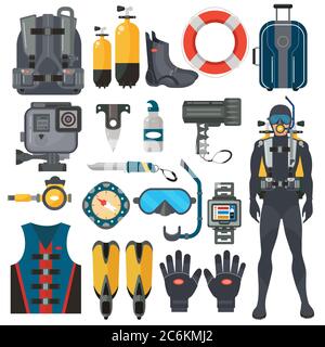 Sporttauchen Ausrüstung Zubehör Kollektion. Taucher Mann in Unterwasser-Neoprenanzug. Unterwasserjagd und Schwimmsport Stock Vektor