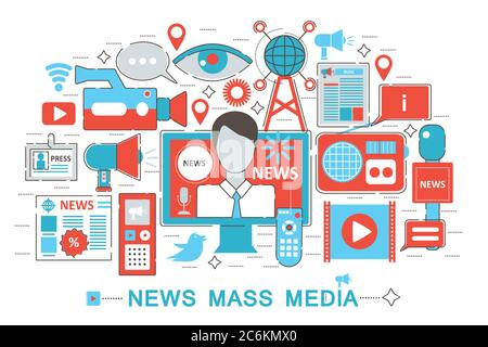 Modernes Flat Thin Line Design News Mass Media Konzept für Webbanner Webseite, Präsentation, Flyer und Poster Stock Vektor