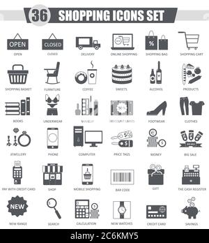 Vektor Finanzen Shopping E-Commerce schwarz Icon-Set. Dunkelgrau klassisches Icon-Design für Web Stock Vektor
