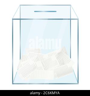 Realistische moderne Glas transparente Wahlurne mit Wahlpapieren innen. Abstimmungskonzept isoliert Stock Vektor