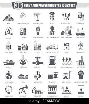 Vektor-Schwerindustrie und Power-Industrie schwarz Icon-Set. Dunkelgrau klassisches Icon-Design für Web Stock Vektor