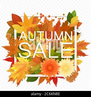 Herbst-Rabatt-Banner auf dem transperant Alpha Hintergrund. Modernes Herbstposter mit goldorangefarbenen Laubblättern Stock Vektor