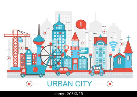 Modernes Flat Thin Line Design Urban City Konzept für Webbanner Webseite, Präsentation, Flyer und Poster Stock Vektor