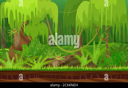 Cartoon Farbe Natur tropischen Regenwald Landschaft in Sonnentag mit Gras, Bäume mit Liane. Vektor Spiel Stil Illustration. Hintergrund für Spiele Stock Vektor