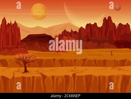 Fairy Spiel Sci-Fi rot mars Alien Landschaft. Die Natur auf einem anderen Planeten mit Bergen, Felsen und Planeten am Himmel. UI Gaming-Landschaft Stock Vektor