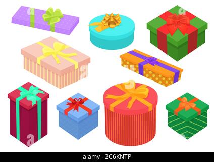 Flache Design isometrische Geschenkboxen Set. Helle, bunte Geschenkboxen und Geschenkboxen mit Schleife. Geburtstags- und weihnachtskollektion Stock Vektor
