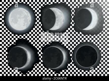 Nacht Vollmond Planeten Phasen auf dem nächtlichen Galaxienhimmel. Nächtliche Weltraumastronomie Stock Vektor