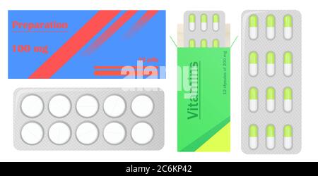 Pillen in der Packung. Tabletten Pillen in Box. Medikamente. Medizin Vitamine Pillen in Blisterpackungen Stock Vektor