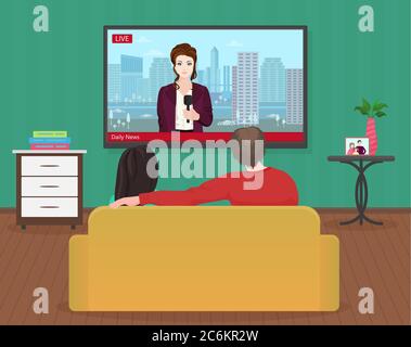 Junge Familie Mann und Frauen Fernsehen täglich Nachrichten Programm zusammen im Wohnzimmer. Heiße Nachrichten mit Reporter Stock Vektor