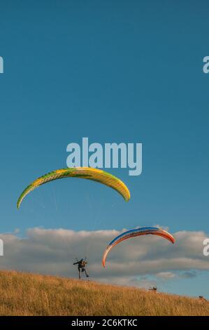 Devils Dyke, Brighton, Sussex, Großbritannien. Juli 2020. Ein sehr angenehmer Abend in den schönen South Downs nördlich von Brighton. Gleitschirmflieger fliegen auf dem NNW Wind, wenn die Sonne untergeht. Kredit: David Burr/Alamy Live Nachrichten Stockfoto