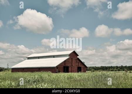 Große alte rote Scheune auf einem Feld auf einem Bauernhof im Sommer in Alabama, USA. Stockfoto