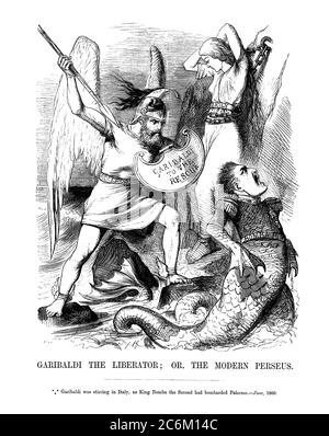 1860, ITALIEN: Der italienische Risogimental-Helden GIUSEPPE GARIBALDI ( 1807 - 1882 ). Satyrische Illustration des Künstlers JOHN TENNIEL aus der britischen Zeitschrift PUNCH ( London, juni 1860 ), GARIBALDI DER BEFREIER ODER DER MODERNE PERSEUS : Garibaldi war in Italien aufwühlend, als der König Bomba der zweite Palermo bombardiert hatte ( Re FRANCESCO II di BORBONE delle due Sicilie ). - König - VEREINIGUNG ITALIENS - POLITIK - POLITIK - POLITIK - Unità d' Italia - Risorgimento - foto storiche - foto storica - GESCHICHTE - Portrait - ritratto - Bart - barba - Hut - cappello - spada - Schwert - vignetta satirica - SATI Stockfoto