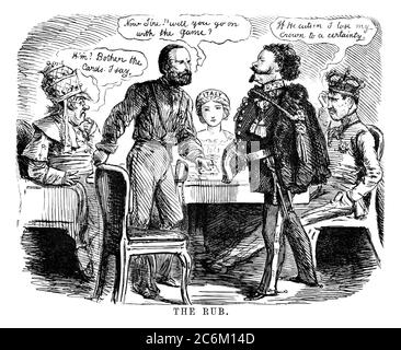 1860, ITALIEN: Der italienische Risogimental-Helden GIUSEPPE GARIBALDI ( 1807 - 1882 ). Satyrische Illustration von unbekannten Künstler aus der britischen Zeitschrift PUNCH ( London, 26. oktober 1860 ), DIE RUB , mit Garibaldi vertreten Spielkarten mit Papst Pius IX . der König der beiden Sizilien König FRANCESCO II di BORBONE und der Italien , Gezwungen, die gewinnenden Spielkarten mit Poker von Assen zu dem König von Italien VICTOR EMMANUEL II in der Nähe von Neapel verlassen. - PAPA PIO IX - VEREINIGUNG ITALIENS - POLITICO - POLITICA - POLITIC - Re VITTORIO EMANUELE II di SAVOIA - Unità d' Italia - Risorgimento - foto storich Stockfoto