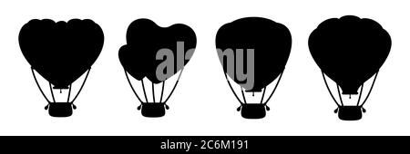 Heißluftballon schwarz Silhouette gesetzt. Einfarbige Herzform oder Kreis. Cartoon Valentinstag Design Luftballons Kollektion. Festivals oder Hochzeitsreise Flugtransport. Vektor-isolierte Illustration Stock Vektor