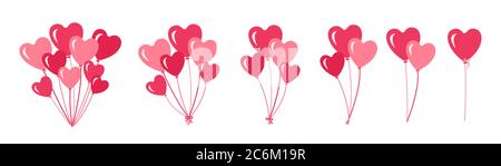 Bündel von Ballons gesetzt. Romantische Überraschung Geschenk Form Herz Ballon. Rosa Bündel und Gruppen Helium Ballons. Valentinstag Party Design Cartoon flache Kollektion. Isolierte Vektordarstellung Stock Vektor
