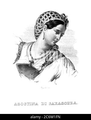 1808 c, Zaragoza, SPANIEN : die spanische Heldin Patriot Agustina Raimunda Maria Saragossa i Domènech aka Agustina de Aragón ( 1786 - 1857 ) bekannt als die spanische Jeanne d'Arc . Gegenstand von viel Folklore, Mythologie und Kunstwerk, einschließlich Skizzen von Francisco Goya und die Poesie von Lord Byron . Gravur des italienischen Künstlers Pisante , veröffentlicht im Jahr 1843 .- PORTRAIT - RITRATTO - AGOSTINA DI SARAGOZZA d'ARAGONA - Gravur - incisione - SPAGNA ---- Archivio GBB Stockfoto