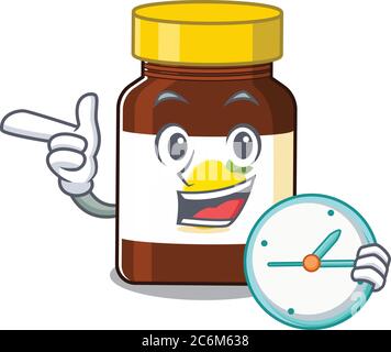 Maskottchen Design Stil der Flasche Vitamin C stehen mit einer Uhr halten Stock Vektor
