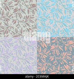 4 nahtlose Blumenmuster mit Blättern und Beeren. Handgezeichnet und digitalisiert. Stock Vektor