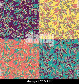 4 nahtlose Blumenmuster mit Blättern und Beeren. Handgezeichnet und digitalisiert. Stock Vektor
