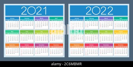 Kalender 2021, 2022. Farbenfrohes Set. Die Woche beginnt am Sonntag. Isolierte Vektordarstellung. Stock Vektor