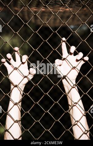 Gebleicht gefiltertes Bild von Händen in verzweifeltem Griff auf Netz verdrahteten Zaun, symbolisiert Gefangenschaft, hoffnungslos, Entführung, Kampf und gestresste Person. Stockfoto