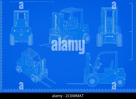 3d Rendering Gabelstapler Blaupause mit Skala auf blauem Hintergrund Stockfoto