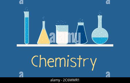 Set aus chemischen Glaswaren. Sammlung von Kolben in verschiedenen Formen. Reagenzglas, konischer Kolben, Becher, florence Flasche. Zurück zur Schule Element. Vektordarstellung von wissenschaftlichen Geräten Stock Vektor