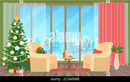Weihnachten Wohnzimmer Wohnung Innenraum Vektor-Illustration. Weihnachtsbaum. Winter draußen Stock Vektor