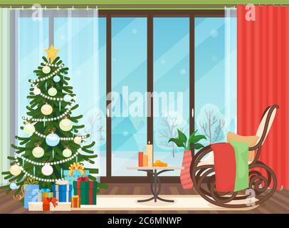 Weihnachten Wohnzimmer Wohnung Innenraum mit Schaukelstuhl Vektor-Illustration. Weihnachtsbaum. Winterlandschaft draußen Stock Vektor