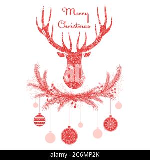 Hirsch Kopf in Kranz mit Weihnachtsschmuck Kugeln. Frohe weihnachten Grußkarte Vektor-Illustration Stock Vektor