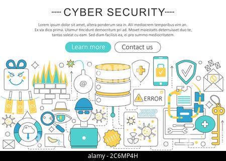Vector elegante dünne flache Linie Cyber-Sicherheitskonzept. Layout der Banner-Elemente für die Website-Kopfzeile. Präsentation, Flyer und Poster. Internet-Online-Sicherheitskonzept Stock Vektor