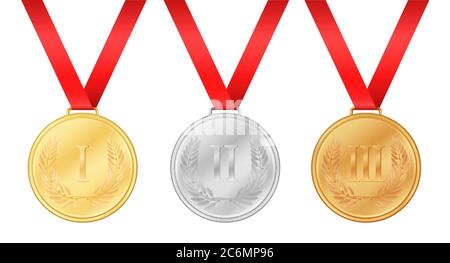 Drei olympische Medaillen. Goldmedaille. Silbermedaille. Bronzemedaille. Lorbeerblatt auf Medaille. Championship Award Stock Vektor