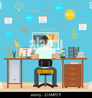 Mann Programmierer wieder arbeiten auf seinem PC-Computer. Programmierung und Codierung. Office-Innenprogrammierer mit Symbolen Stock Vektor