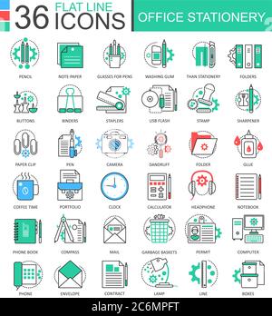 Vector Office Schreibwaren Farbe flache Linie Umriss Symbole für Anwendungen und Web-Design. Elemente für Schreibwaren Stock Vektor