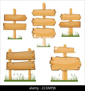 Holzschild Bretter Set. Vektor Cartoon Holz Schild auf dem Gras Stock Vektor